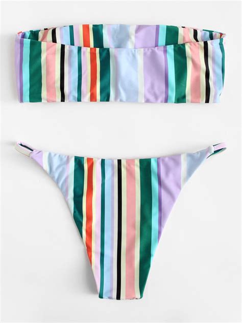 Striped Bandeau With Tanga Bikini Set Shein Usa