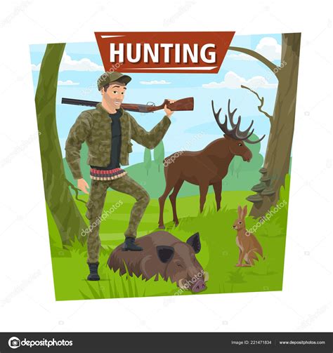 Hunter In Forest With Wild Animals Trophy ⬇ Vector Image By