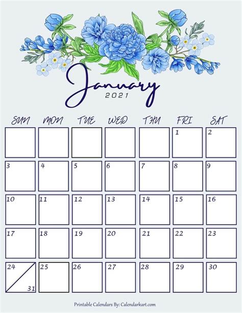 Cute January 2021 Floral Calendar Printable Calendar Design Calendar