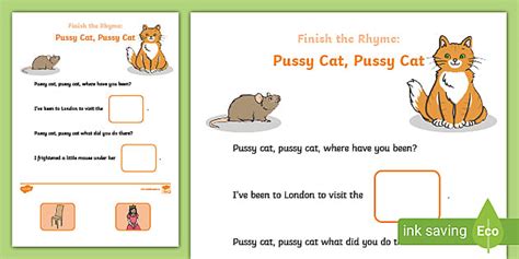 finish the rhyme pussy cat pussy cat worksheet twinkl