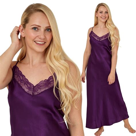 Ladies Sexy Purple Long Satin Chemise Pjs Pyjamas Set Nightdress Slip