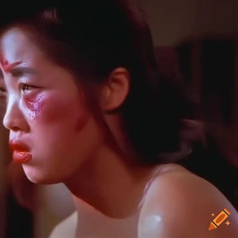 asian woman fighter with bruised face in an 80s movie fight scene on craiyon