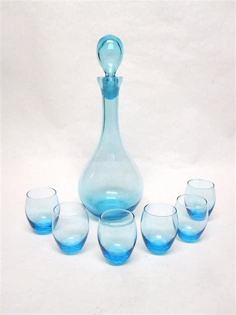 Turquoise Blue Glass Decanter Glasses Set 1960 S Collectible Barware Glass Decanter Blue