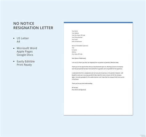 Resignation Letter Sample No Notice