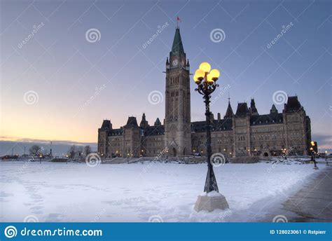 Canadian Parliament Building In Winter Viewed From The Front Stock