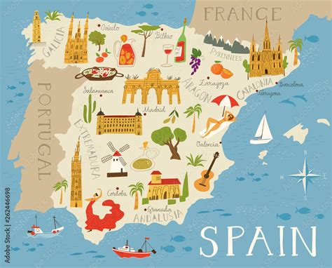 Vector High Detailed Vector Map Of Spain With Cities And Symbols Of