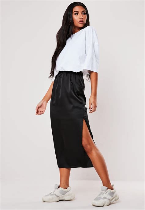 Petite Black Satin Slip Midi Skirt Missguided Australia