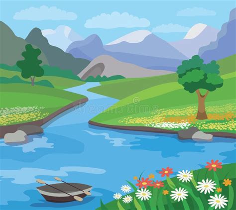 Beautiful Landscape With River And Mountains Four Season Stock Vector