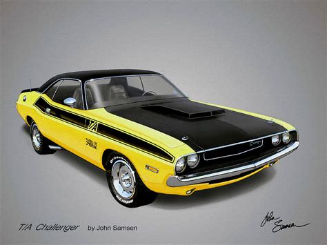 1970 Challenger T A Muscle Car Sketch Rendering Painting By John Samsen