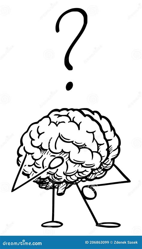 Vector Cartoon Illustration Of Human Brain Character Thinking With Question Mark Above Stock