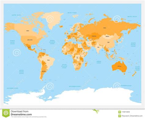 World Map Atlas Colored Political Map With Blue Seas And Oceans