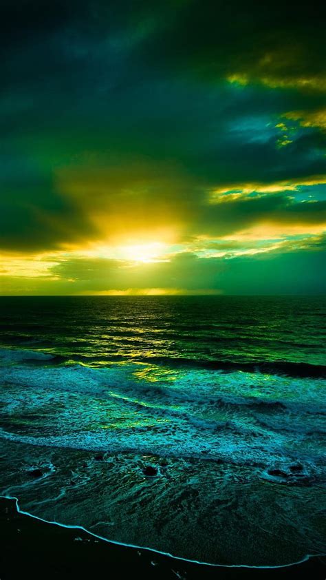Green Beach Nature Night Sea Hd Phone Wallpaper Peakpx