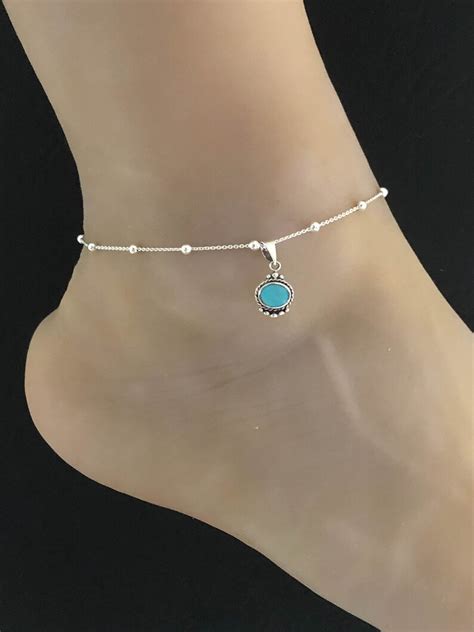 Genuine Turquoise Anklet Sterling Silver Beaded Ankle Etsy