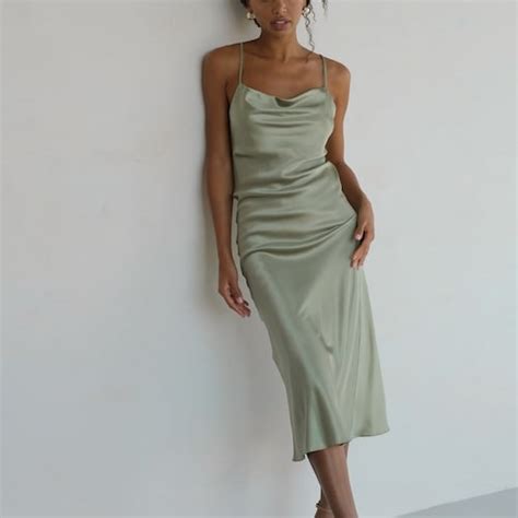 Silk Slip Dress Sage Green Dress Midi Bias Cut Cowl Neck Etsy