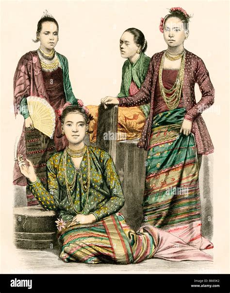 Women Of Burma Now Myanmar In Traditional Dress 1800s Hand Colored