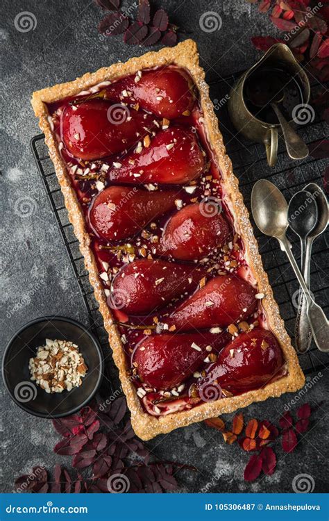 Tart With Red Wine Poached Pears Stock Image Image Of Cream Poached