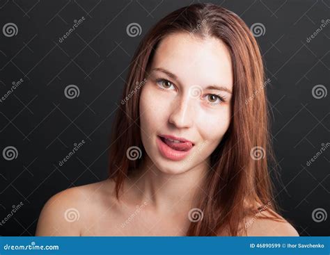 Portrait Of Tempting Coquettish Lady Bite Lip Look Blank Space On Pink Background Stock Image