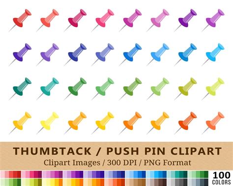 100 Thumbtack Clipart Push Pins Clip Art Rainbow Thumb Tack Etsy