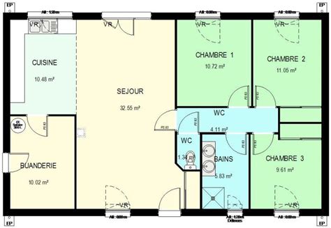 Plan De Maison Plain Pied 3 Chambres Sans Garage Plan Maison 90m2