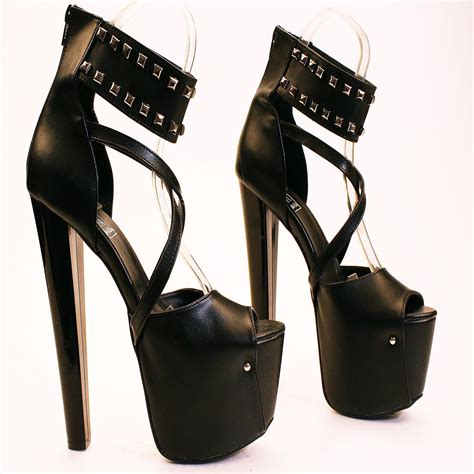 Black Pinned Strap High Heel Platform Ankle Shoes Tajna Club Heels