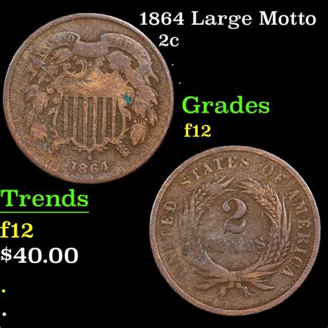 1864 Large Motto Two Cent Piece 2c Grades F Fine