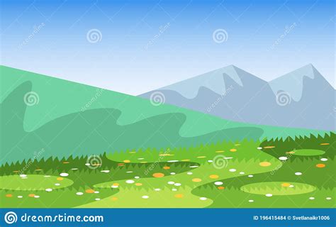 Vector Cartoon Field Landscape Of Summer Meadows Grass With Flowers