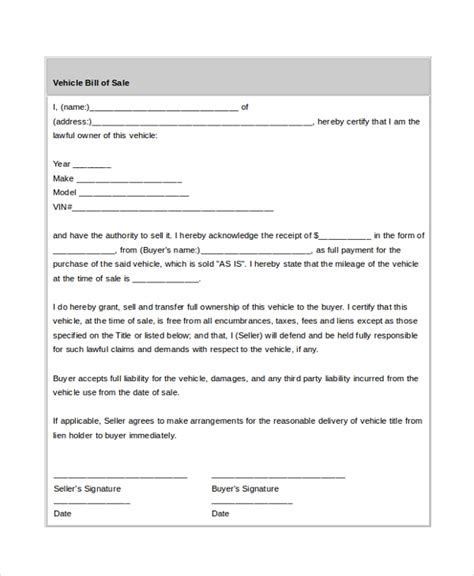 Free 7 Sample Bill Of Sale Car Forms In Pdf Ms Word Excel