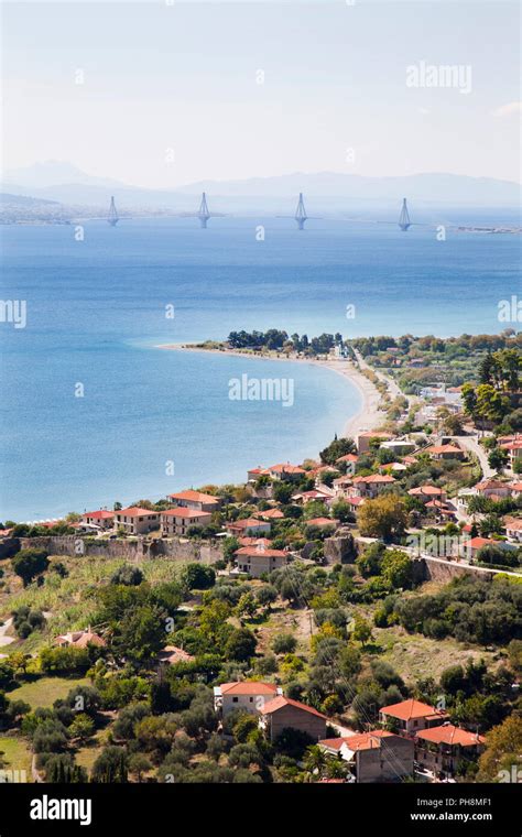 Gulf Of Corinth Nafpaktos Village And View Of The Bridge Rio Antirrio