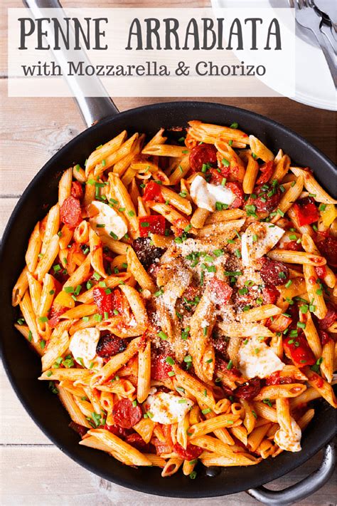 Chicken and chorizo pasta with spinach, a satisfying and comforting pasta dish. Penne Arrabiata with Mozzarella and Chorizo - Nicky's ...