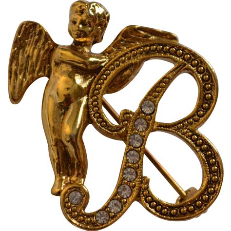 1928 Jewelry B Monogram Rhinestone Angel Broochpin From