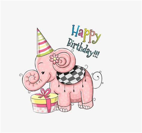 An Elephant With A Birthday Hat Holding A Present In Its Trunk And The