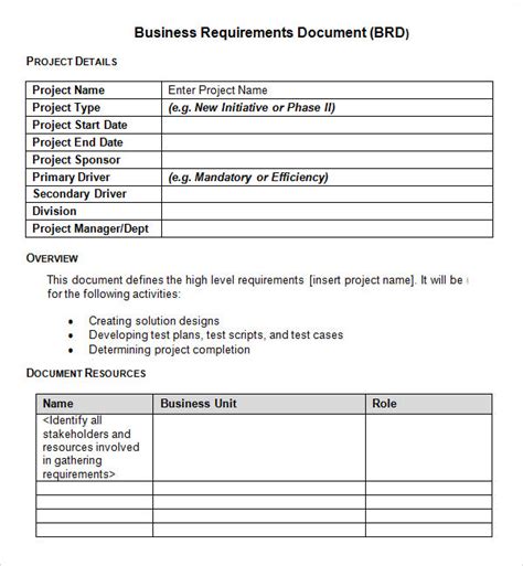 Project Requirements Document Template Free Printable Templates