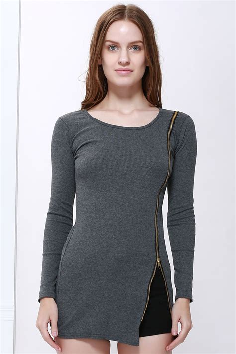 65 Off Scoop Neck Solid Color Zip Decorated Womens Long Sleeve