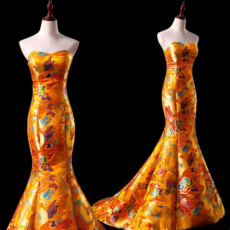 Strapless Dragon Pattern Brocade Chinese Prom Dress Chapel Train In