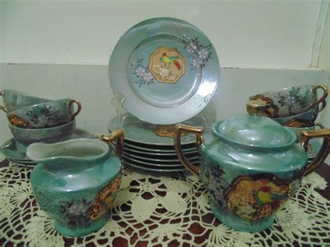 Art Deco Porcelain Luster Tea Set Pc Hand Painted Scenic Birds Vintage Japan Vintage Japan