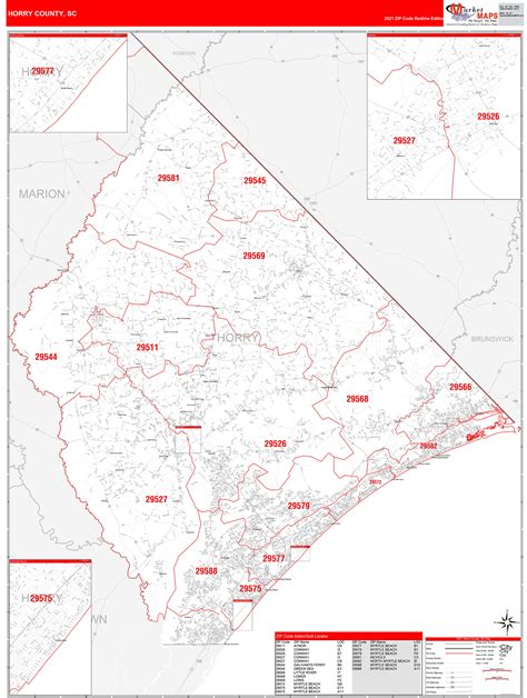 Horry County Sc Zip Code Wall Map Red Line Style By