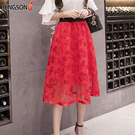 Elegant Summer Lace Skirt Female Womens Fashion Patchwork High Waist Elastic Waist Skirt