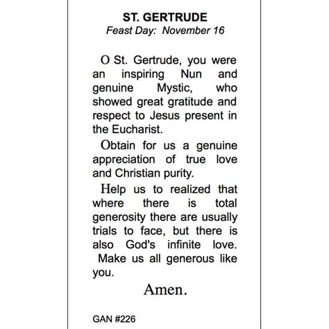 St Gertrude Prayer Card Gannons Prayer Card Co