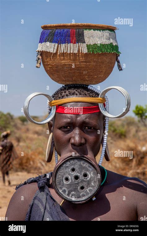mursi woman wearing a lip plate and carrying a basket on her head mursi tribal village the omo