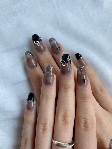 Black Jelly Douyin Inspired Nails Gel X Butterfly Charm Glitter Gems In 2022 Asian Nails