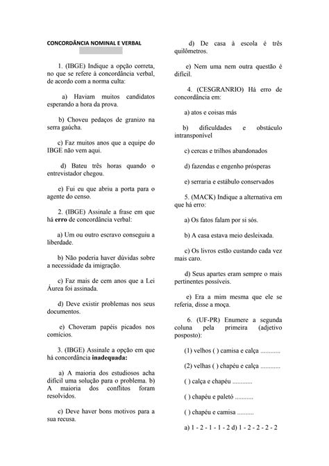 Concordancia Verbal E Nominal Exercicios