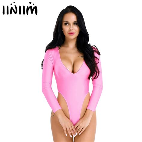 Womens Lingerie Long Sleeve Bodystocking Open Croch Sexy High Cut Crotchless Thong Leotard