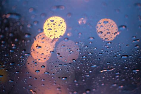 Rain Drops On Window With Road Light Bokeh Raining Season Stock Photo