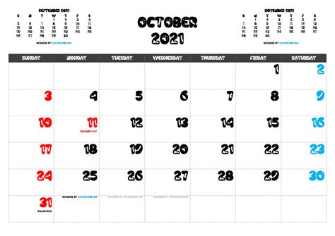 Free Printable October 2021 Calendar With Holidays