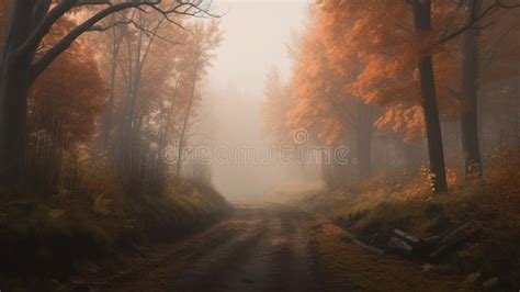 Mystical Autumn Forest With Road In Fog Fall Misty Woods Autumn Stock