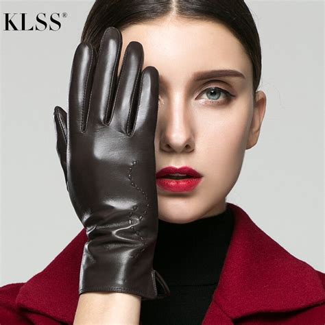 Klss Brand Genuine Leather Women Gloves Autumn Winter Plus Velvet High Quality Goatskin Glove