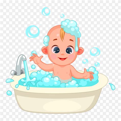 Cute Baby Cartoon Bathing With Foam Bubbles On Transparent Background