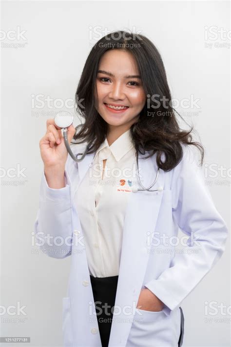 Portrait Asian Female Doctors Wear White Glue On White Isolate