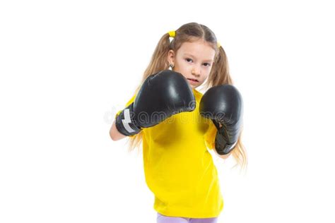 Little Cute Girl In Boxing Gloves Fighter Isolated On White