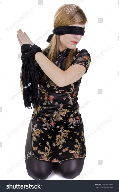 Woman Japanese Dress Hands Tied Blindfolded Stock Photo